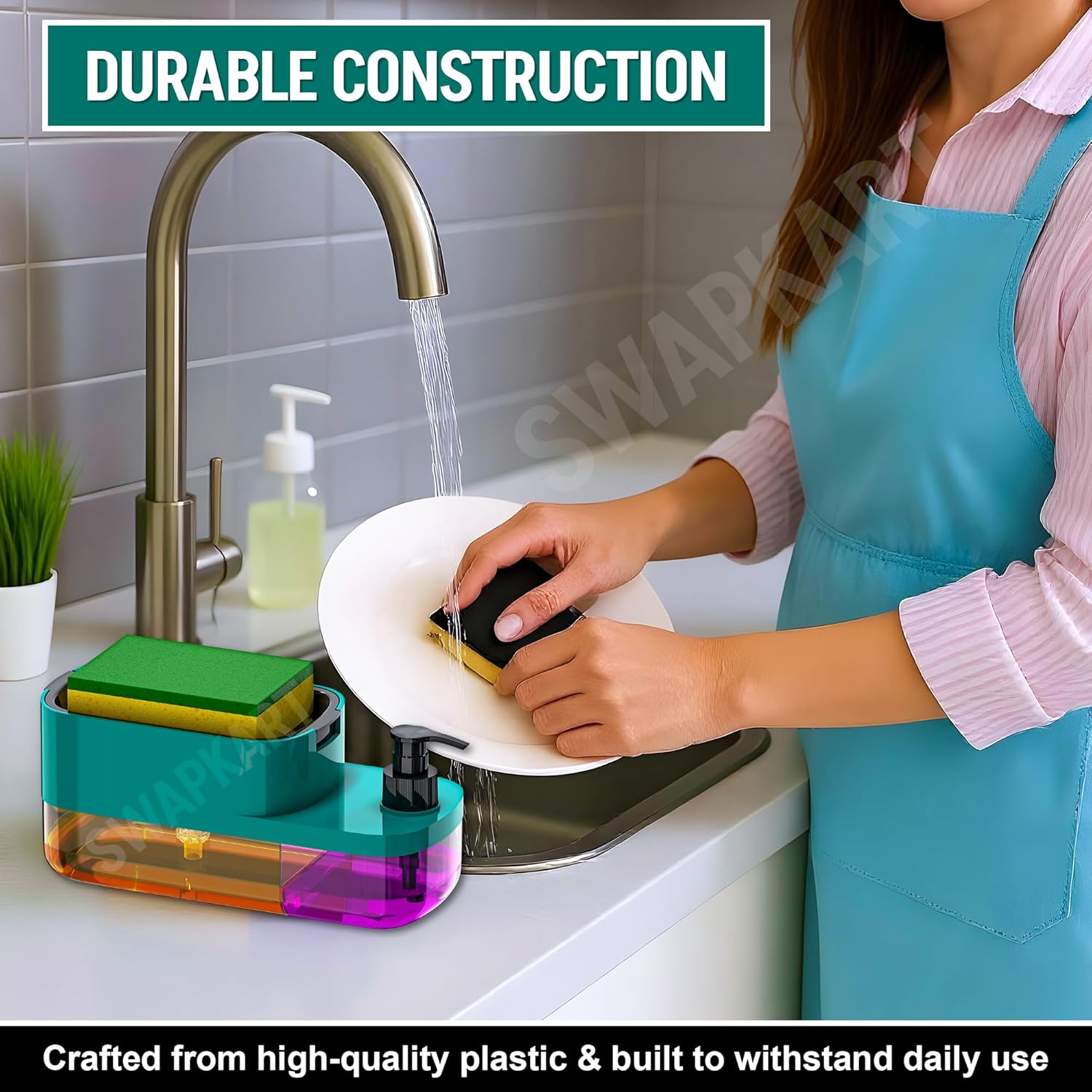 SWAPKART ABS 3 in 1 Soap Pump Dispenser Dish Soap Liquid Dispenser Sponge Holder Dish Soap Pump Dispenser for Kitchen Sink Countertop Bathroom Outdoor Garden(Peacock Colour), Multicolor